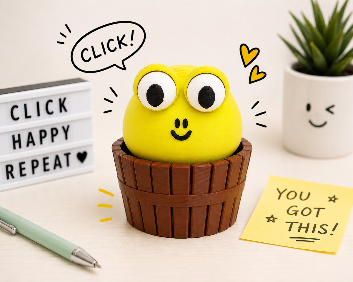 3D printed green monster clicker sensory fidget toy. A green novelty desk item shaped like a round character face sitting in a brown cup-like base, styled on a light tabletop with a sign reading 'CLICK HAPPY REPEAT,' a yellow sticky note that says 'YOU GOT THIS!,' a mint pen, and a small potted succulent.