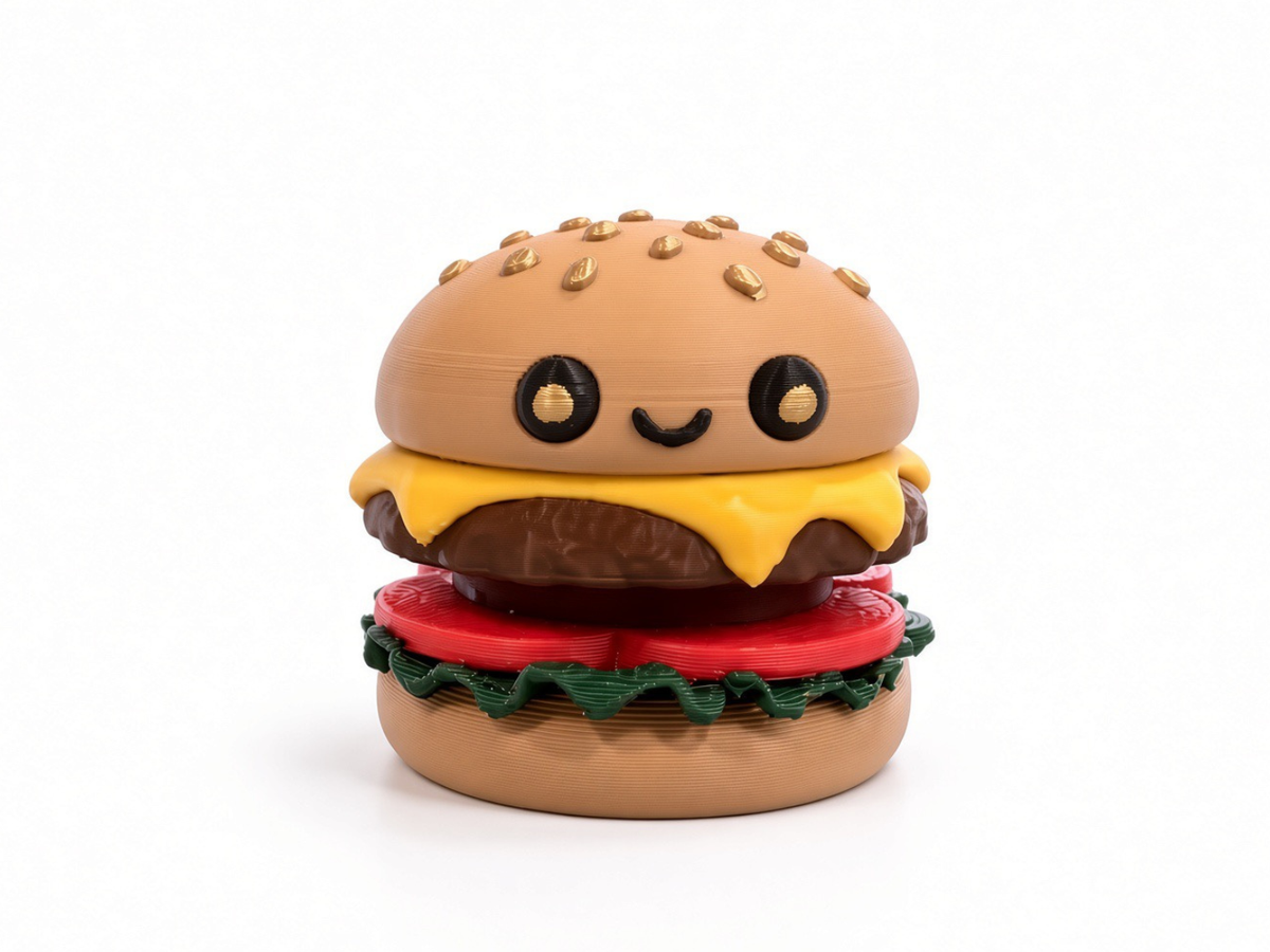 3D printed cheeseburger clicker cute food fidget toy
A cute, kawaii-style plastic toy hamburger with a smiling face, featuring a tan bun with sesame seeds, yellow cheese, a brown patty, red tomato, and green lettuce on a white background.